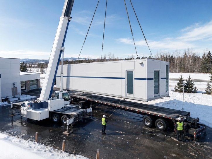 Crane lifting a modular imaging building from a trailer onto a prepared site