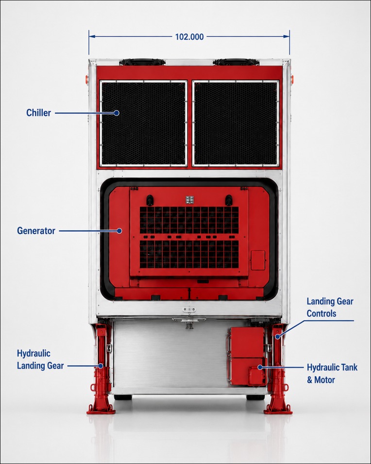 Rear of the Apex WalkIn MRI with chiller, generator and landing gear