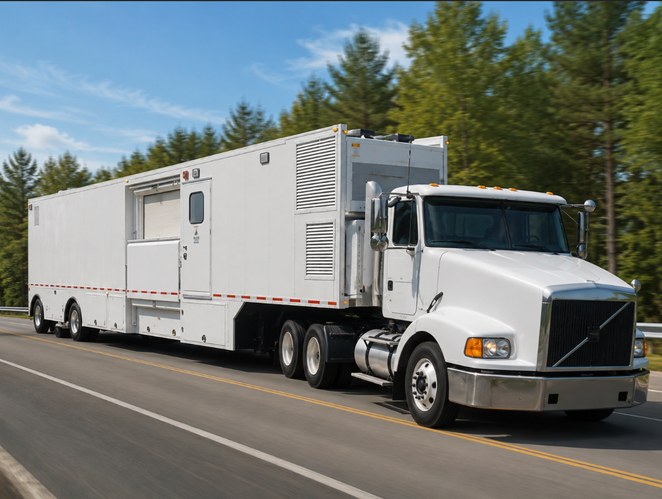 Conventional mobile MRI trailer being towed on a highway by a tractor unit