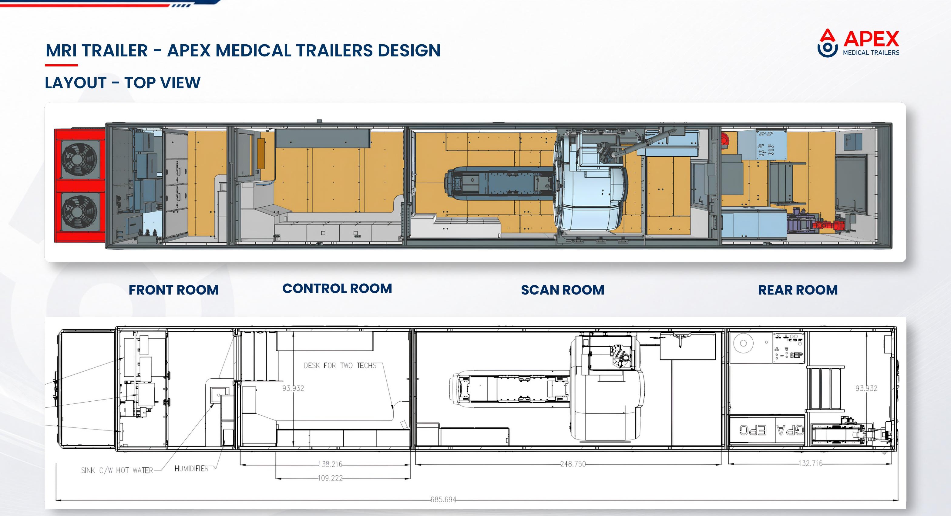 Top-view layout drawing of the Apex WalkIn MRI showing all four rooms