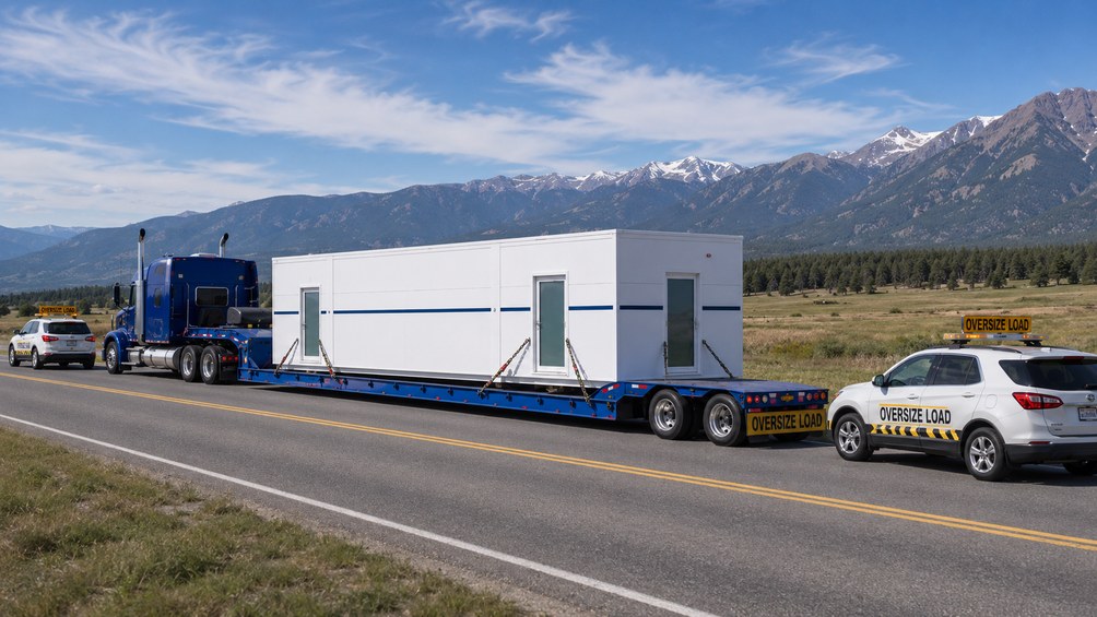 Modular imaging building being transported on a lowboy trailer along a highway