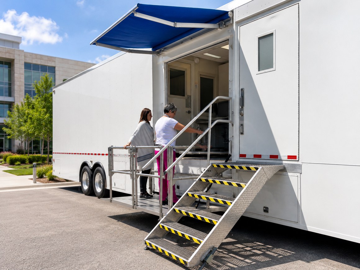 Patients climbing an external staircase to enter a conventional mobile MRI trailer